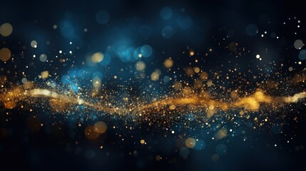 Abstract background with dark blue and gold particles, golden Christmas light particles shine bokeh on a dark blue background, gold foil texture concept.