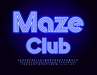 Poster - Vector event flyer Maze Club. Blue Glowing Font. Stylish Neon Alphabet Letters and Numbers set. 