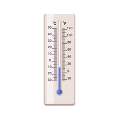 Poster - Mercury thermometer with low temperature, cold weather. Celsius and Fahrenheit tool for degrees measurement. Analog measuring device. Flat cartoon vector illustration isolated on white background
