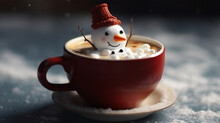 Hot Chocolate With Melted Snowman, Blurry Background, Template, Bokeh, Copy Space, Generative AI
