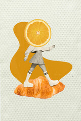 Wall Mural - Vertical collage illustration of funny headless surreal absurd orange slice half fruit against croissant isolated on sketch background