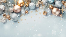 Merry Christmas Sign Banner Frame With Empty Space And Festive Decoration On Christmas Background, Blurry Background, Template, Bokeh, Copy Space, Generative AI