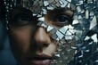 Distorted reflections: a woman's puzzled face in a shattered mirror