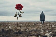 A Forlorn Individual Gazing At A Dying Flower Beneath A Gloomy Sky