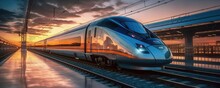 High Speed Train In Motion On The Railway Station At Sunset. Fast Moving Modern Passenger Train On Railway Platform. Railroad With Motion Blur Effect. Generative Ai