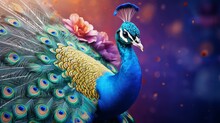 Portrait Of Beautiful Peacock With Feathers Out Generative AI