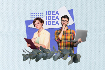 Wall Mural - Photo composite collage of two young coworkers business partner together decide idea assistant write plan isolated on blue background