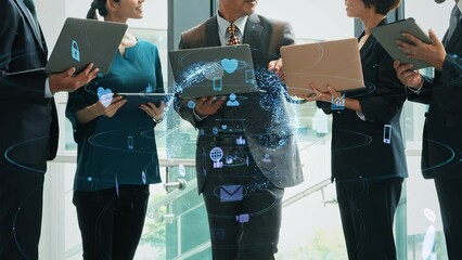 Aufkleber - Group of businessperson using laptop in office and communication network concept. Social media.