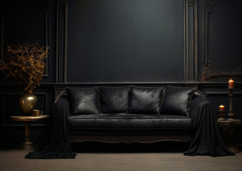 Wall Mural - dark gothic elegant interior of living room, empty wall for your design, mockup