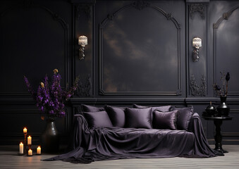 Wall Mural - dark gothic elegant interior of living room, empty wall for your design, mockup