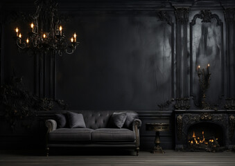 Wall Mural - dark gothic elegant interior of living room, empty wall for your design, mockup