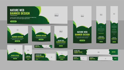 Nature web banner design web template Set, Horizontal header web banner. Modern Gradient green cover header background for website design, Social Media Cover ads banner, flyer, invitation card