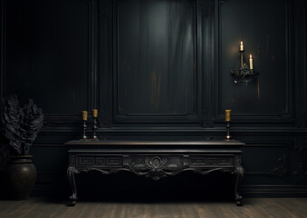 Wall Mural - elegant console in dark style room , goth style interior , empty wall for your design, mockup