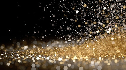 Wall Mural - Sprinkle gold  Platinum and silver dust on a black background in the dark,Sparkling Platinum and silver  glitter powder on black background,christmas background,Sprinkle dust golden light Christmas an