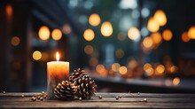 White Christmas Candle On Rustic Wooden Boards - Decoration With Natural Elements, Twigs, Pine Cones And Cookies - First Advent Sunday, Blurry Background, Template, Bokeh, Copy Space, Generative AI
