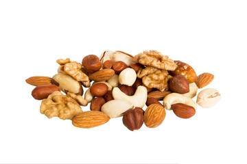 Wall Mural - pile mixed nuts isolated on white background, top view. Flat lay Healthy food concept