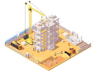 Construction site with builders and special vehicles like crane, tractor, truck. Process of building multi-storey building. Industrial technology in architecture. Isometric vector illustration