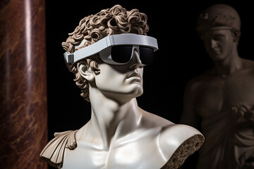 Wall Mural - Technology, history and fine-art concept. Roman man sculpture wearing virtual reality goggles. Bust of male with glasses. Generative AI