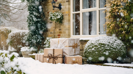 Poster - Christmas gifts delivery, postal service and holiday presents online shopping, wrapped parcel boxes on a country house doorstep in a snowing winter, generative ai