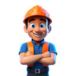 3d cartoon character of a worker wearing an orange vest and orange helmet, laughing cheerfully, isolated transparent background, International Labor Day. International Worker’s Day. Generative AI 