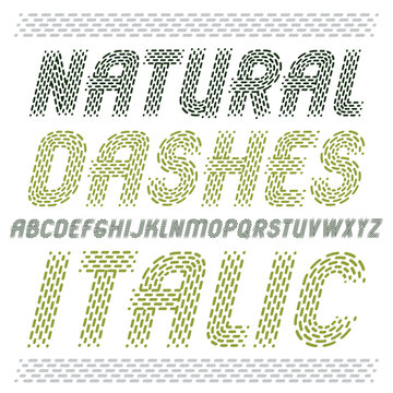 Vector elegant upper case English alphabet letters collection. Rounded bold italic font, typescript for use as retro poster design elements. Made with parallel dashed lines.