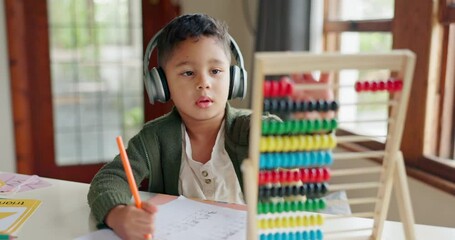 Poster - Home learning, math education or child in kindergarten studying for knowledge or growth development. Abacus, headphones or smart kid writing or counting on numbers to study for test in notebook