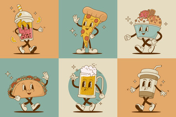 Set of retro cartoon funny characters. Pizza, beer, cappuccino, taco, bubble tea, ice cream mascot. Vintage street food and drink vector illustration. Nostalgia 60s, 70s, 80s