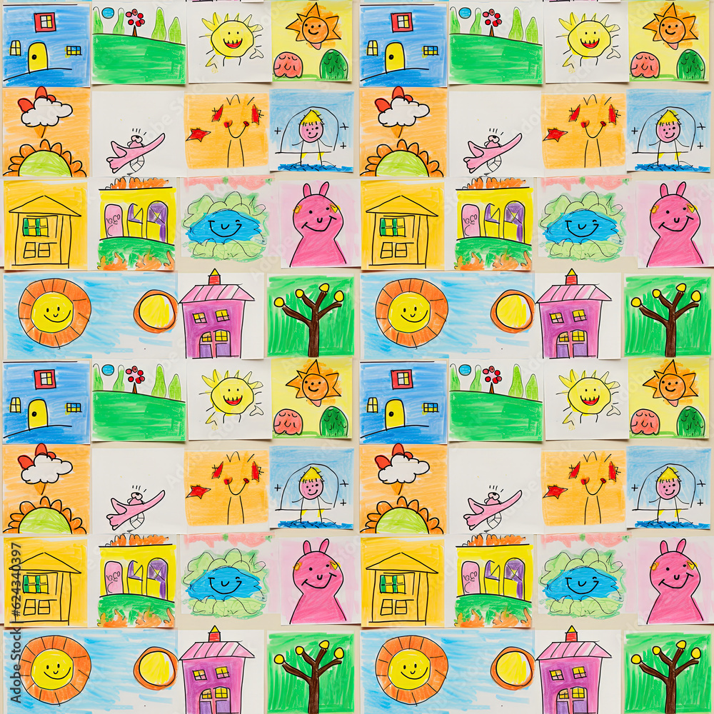 Children's drawing, Geometric tile texture, Seamless, Repeating pattern ...