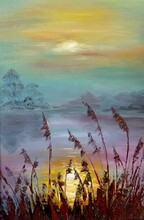 Oil Painting On Canvas Sunset On The Pond. Author's Artistic Decorative Acrylic Painting For Interior Reeds On The Lake Landscape.