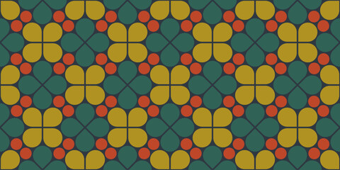 Leinwandbilder - Abstract geometric seamless pattern, vector elegant color rhythmic repeating texture with floral ornament, green petals and red berries