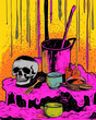Halloween still life illustration with a skull in the style of an old vintage horror comic book illustration. Bright colors, orange, yellow and fuchsia.