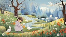 Little Girl In The Farm Feeding Ducks And Animal In Fairy Tales. Cartoon Drawing In Park Garden. Kids Baby Children Book And Lullaby Story Illustration Graphic. Generative AI