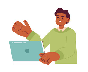 Fototapete - Handsome african american man with earring semi flat color vector character. Editable half body office worker with laptop on white. Simple cartoon spot illustration for web graphic design