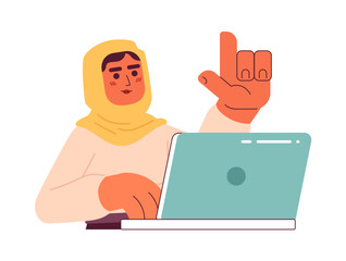 Poster - Muslim woman in hijab at work semi flat color vector character. Editable half body worker with computer on white. Simple cartoon spot illustration for web graphic design