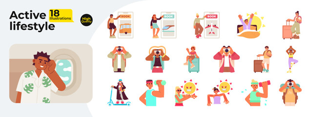 Poster - Summer leisure activity flat concept vector spot illustrations bundle. Active lifestyle 2D cartoon characters on white for web UI design. Recreation isolated editable creative hero images collection