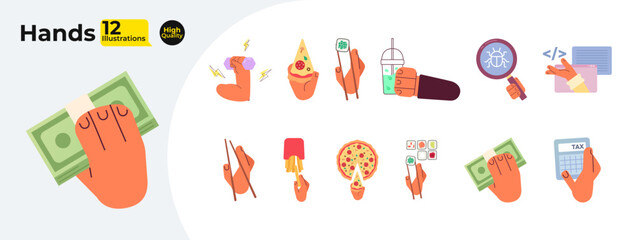 Fototapete - Hands hold things semi flat colour vector objects bundle. Many hands with food, money. Editable cartoon clip art icon on white background. Simple spot illustrations collection for web graphic design