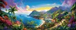 painting style illustration of beautiful peaceful tropical ocean lagoon banner background wallpaper, Generative Ai