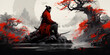 Illustration of a samurai sitting on the background of the moon and sakura, Japanese medieval warriors, ancient soldier, generated ai