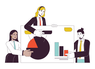 Poster - Presentation businesspeople flat line concept vector spot illustration. Partnership three people 2D cartoon outline characters on white for web UI design. Teamwork editable isolated color hero image