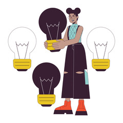 Poster - Business idea lightbulb flat line concept vector spot illustration. Eyeglasses woman holding lightbulb 2D cartoon outline character on white for web UI design. Editable isolated color hero image