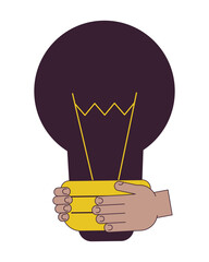 Poster - Light bulb in hands flat line concept vector spot illustration. Inspiration business 2D cartoon outline hand on white for web UI design. Innovation strategy editable isolated color hero image