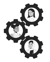 Poster - Teamwork gears bw concept vector spot illustration. Women business diverse 2D cartoon flat line monochromatic characters for web UI design. Collaboration cogwheels editable isolated outline hero image