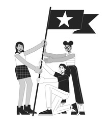 Poster - Businesspeople flag bw concept vector spot illustration. Team building fun coworkers 2D cartoon flat line monochromatic characters for web UI design. Colleagues editable isolated outline hero image