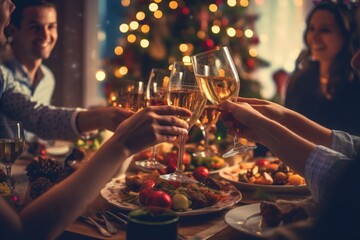 Wall Mural - A family gathered around a beautifully decorated table, raising their glasses in a toast, signifying the warmth and togetherness of New Year's celebrations. Generative AI