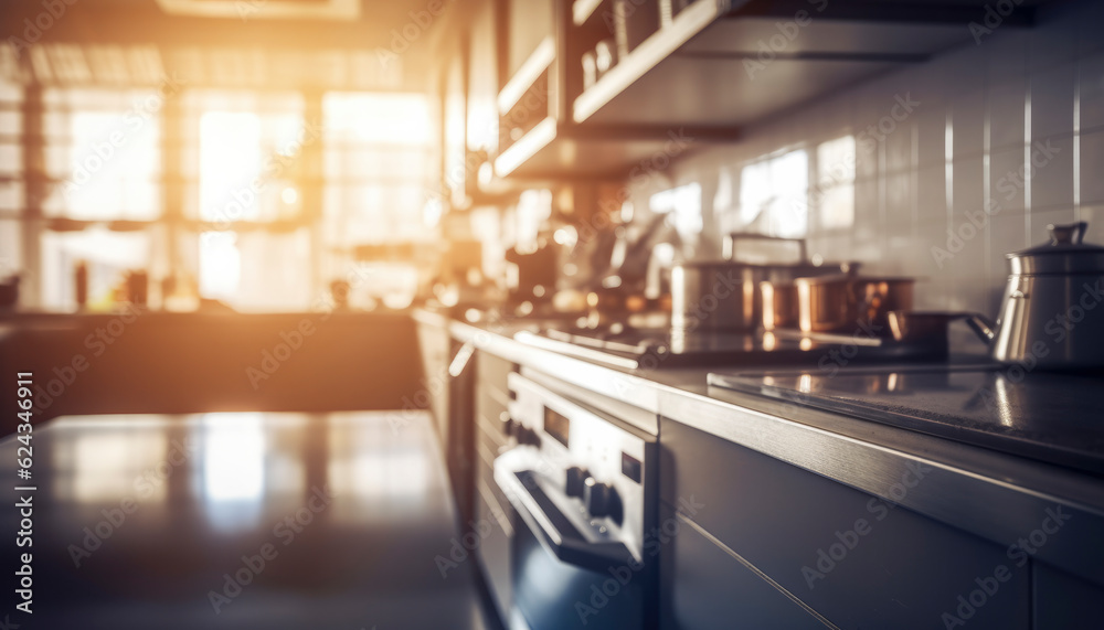 Beautiful modern kitchen interior with wide angle full of kitchen utensils and fairing beams in daylight. generative ai	
