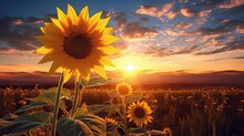 Close Up Big Sunflower Flowers Against Morning Sunlight, Generative Ai
