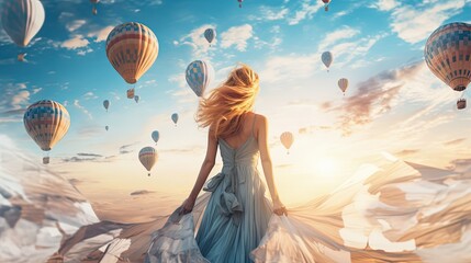 pretty woman looking at sky full of hot air balloons, freedom feeling, generative ai