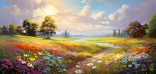 Painting Style Illustration, Wildflower Field In Sunny Day, Generative Ai