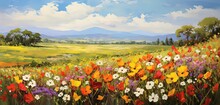Painting Style Illustration, Wildflower Field In Sunny Day, Generative Ai