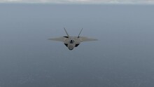 In The Evening The Air Force Flies In The Open Sea. Raptor Flies Over The Ocean. The Sun Shines Over The Plane In The Ocean Bay. 3D Visualization	